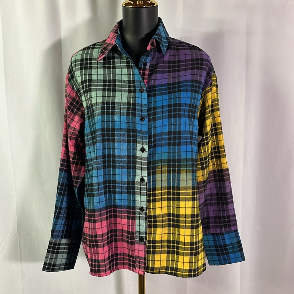NWT Cider Multicolor Plaid Patchwork Oversized Button Down Flannel Shirt